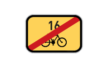 Dopravní značka „Konec cyklistické trasy“. Informuje o konci cyklistické trasy. V místech, kde vedou dvě nebo více cyklistických tras po společné pozemní komunikaci, lze zobrazit čísla, případně jiná označení cyklistických tras na jedné, společné dopravní značce. TestImage